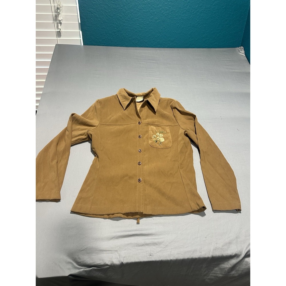 VTG 70s R&K Originals Floral Embroidered Brown Suede Blouse S/M